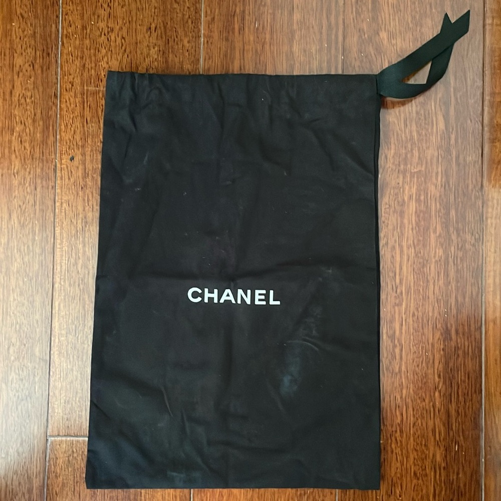 Authentic Chanel Shoe Dust Bag Black with White Print Ribbon Draw Size 10 x 13